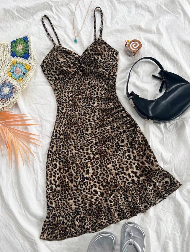 leopard print twist front asymmetrical ruffle hem dress