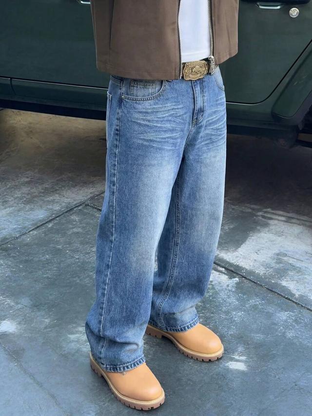 men's vintage washed wide leg loose straight jeans
