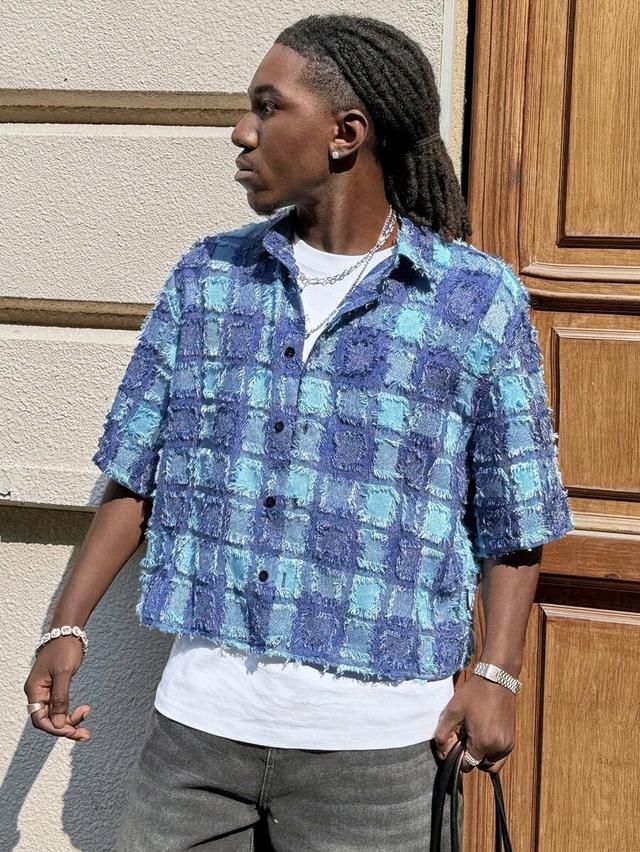 blue plaid woven short sleeve crop top shirt