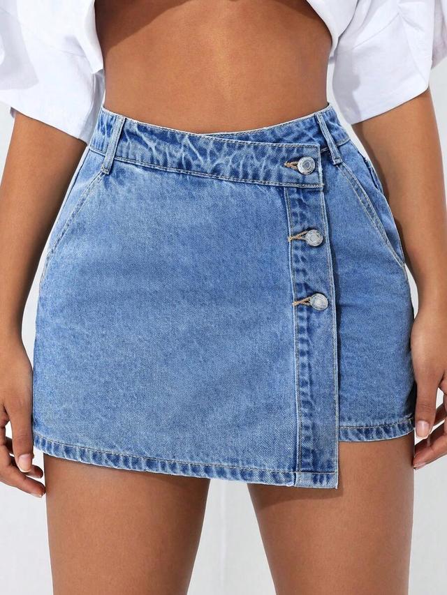 washed faded denim skort with button detail