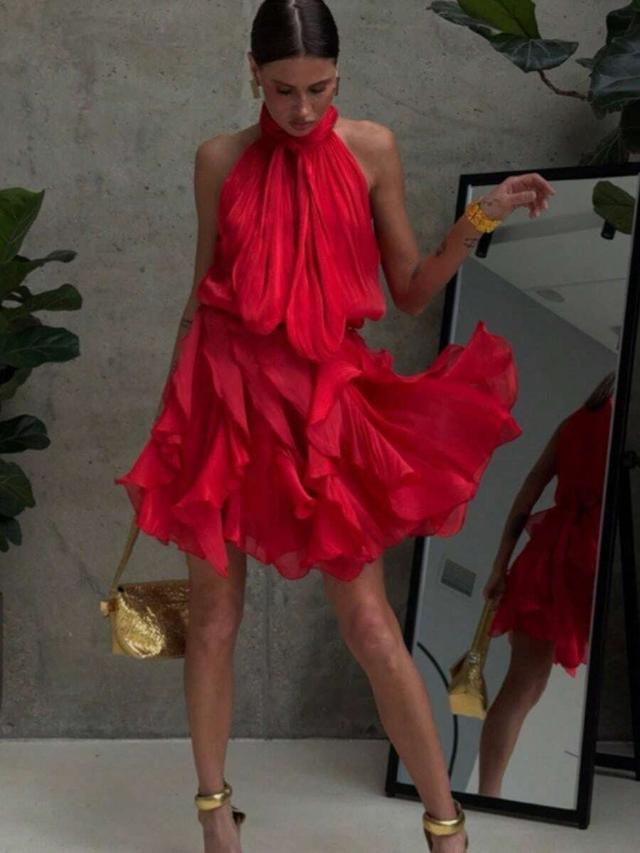 red silk halter neck ruffled mini dress