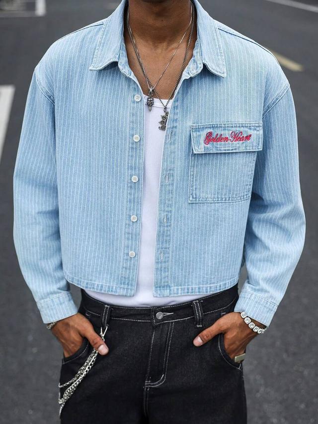steelvance men's streetwear casual embroidered vertical striped blue denim shirt