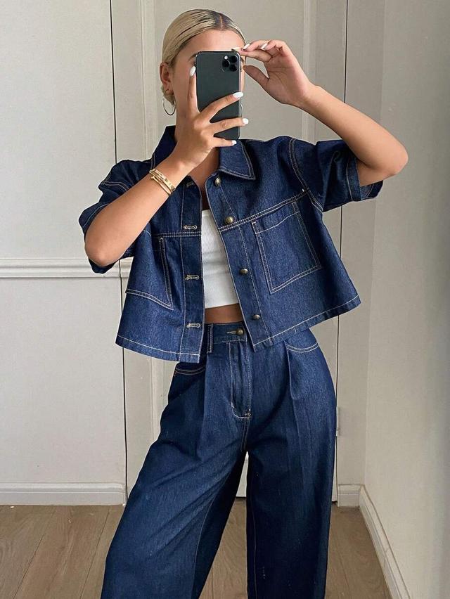dark wash denim short sleeve blouse and wide leg jeans