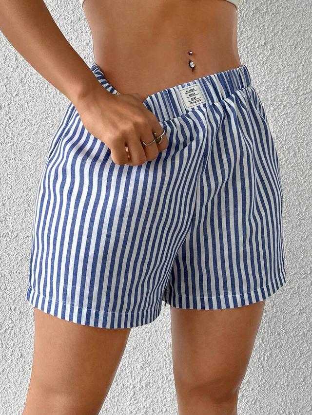 blue and white striped woven elastic waist shorts