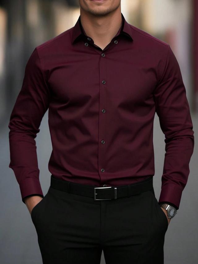 burgundy solid color long sleeve formal shirt