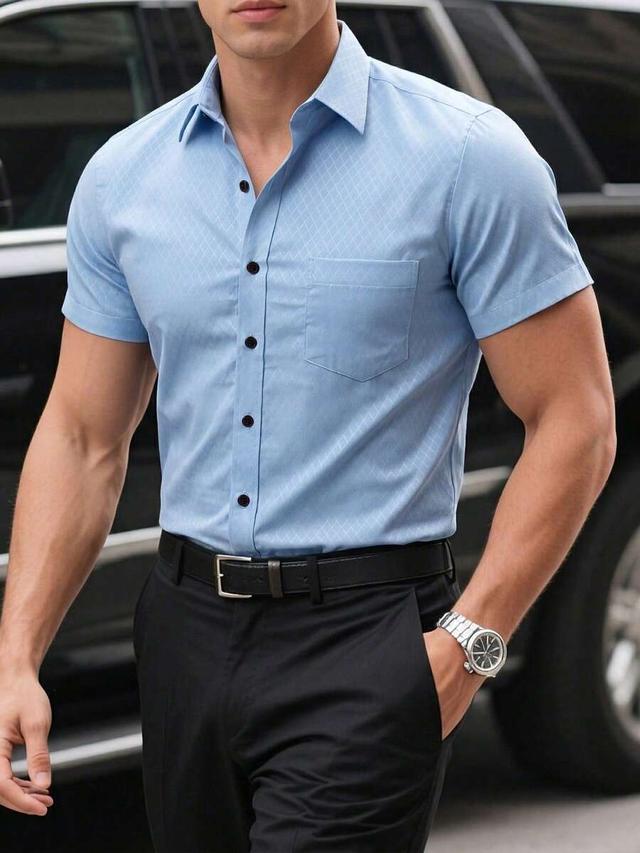 light blue diamond pattern short sleeve button up shirt
