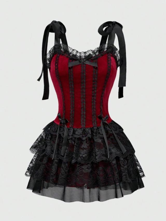 gothic velvet spaghetti strap dress with lace trim