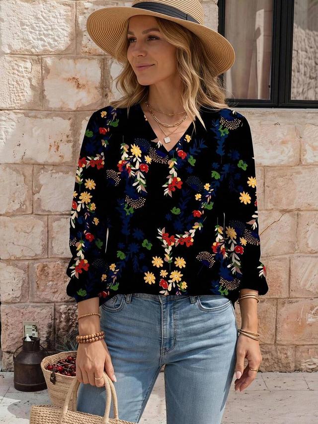 emery rose casual elegant floral print v neck long sleeve ladies shirt