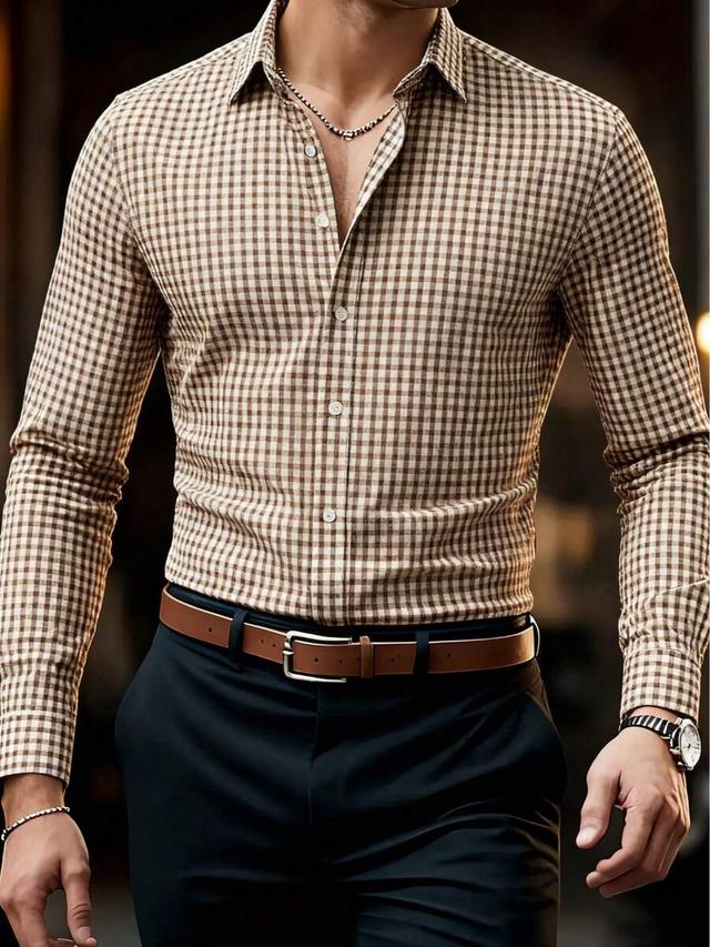 men's casual brown plaid long sleeve shirt