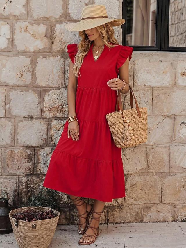 red cotton tiered midi dress with flutter sleeves