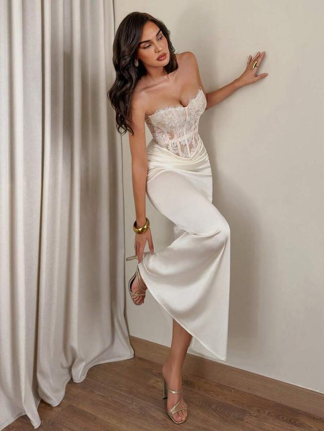 ivory lace corset bodice satin midi dress