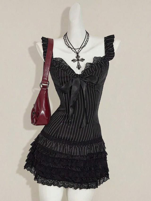 goth grunge pinstripe mini dress with lace ruffles