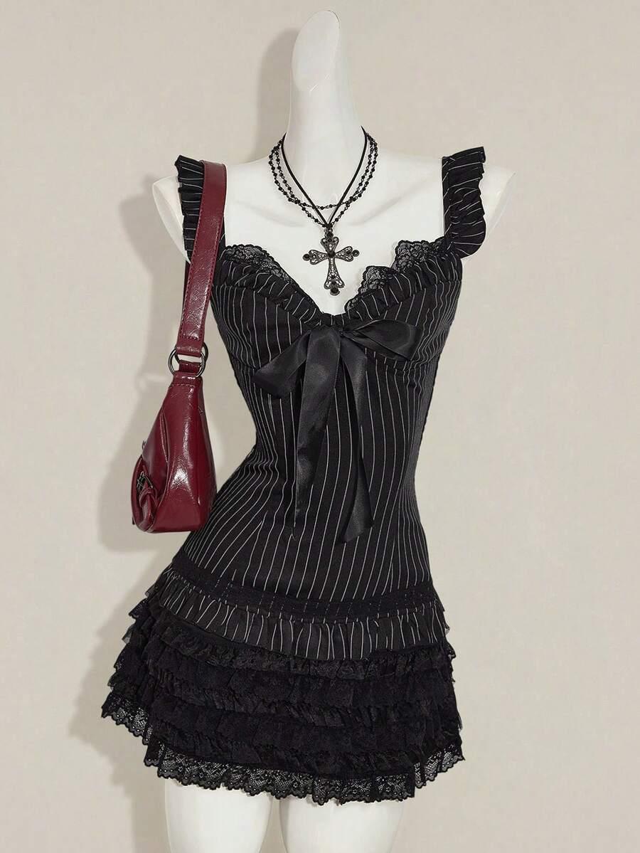 goth grunge pinstripe mini dress with lace ruffles