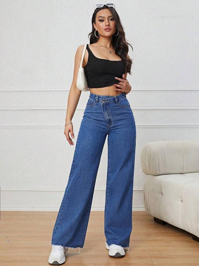 blue women's casual loose fit slant pocket frayed hem wide leg jeans