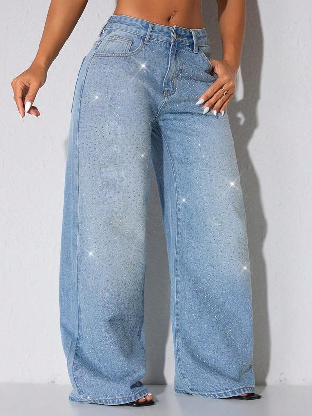 low-waist wide-leg casual blue jeans with beaded embellishment