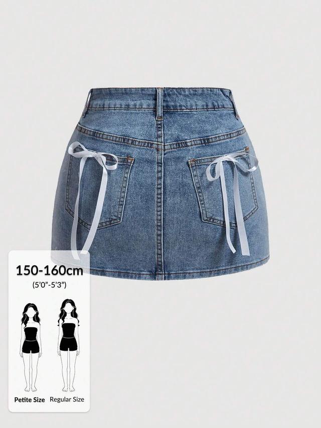 blue denim mini skirt with white ribbon bows
