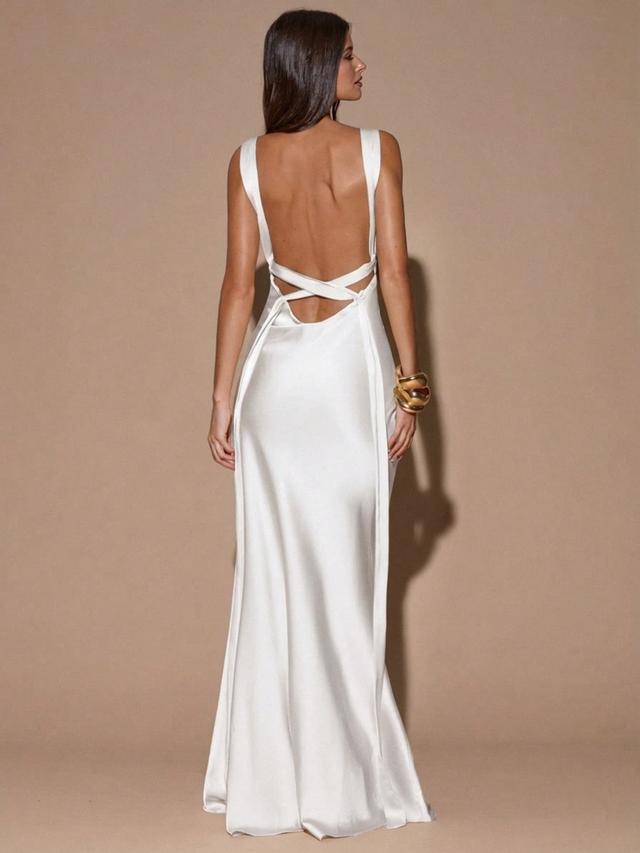 white satin open back floor length evening dress