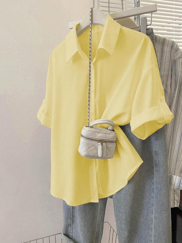 resyla women's solid yellow cuffed sleeve casual shirt