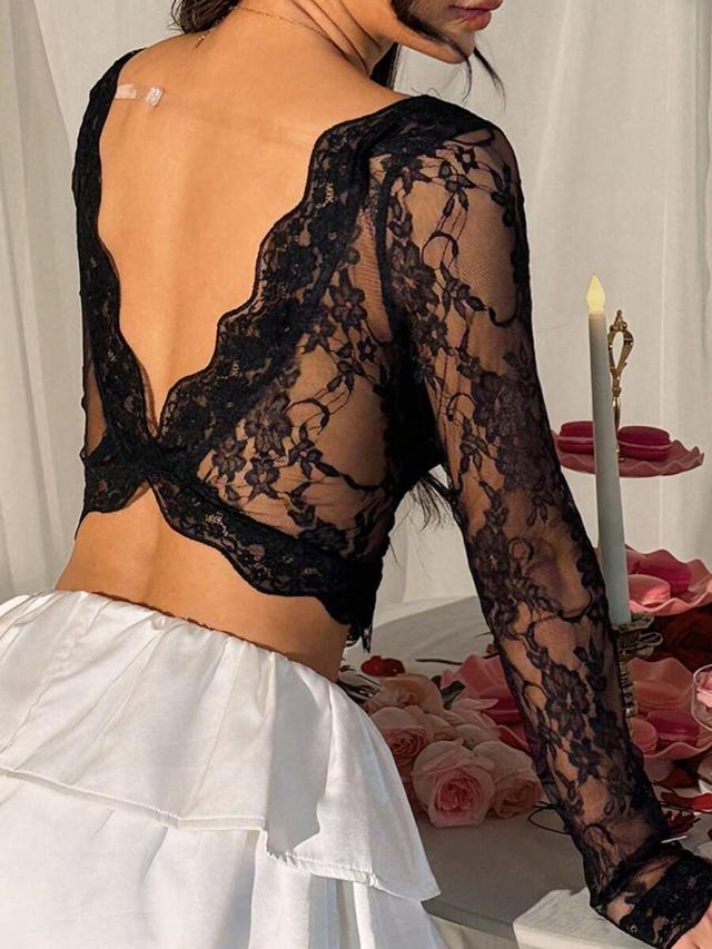 black lace backless long sleeve bodycon top