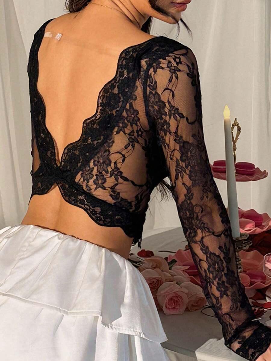 black lace backless long sleeve bodycon top