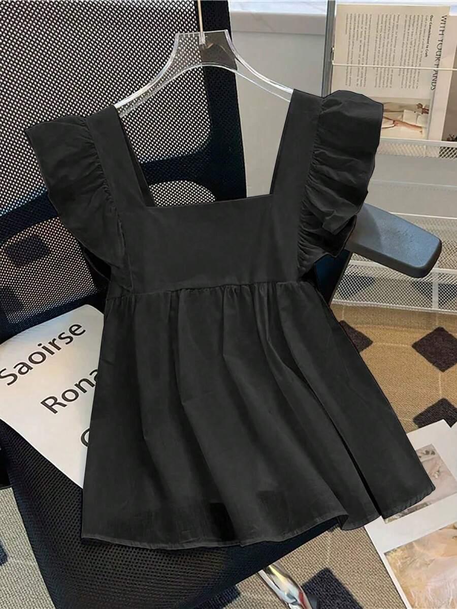 black cotton cap sleeve square neck peplum top
