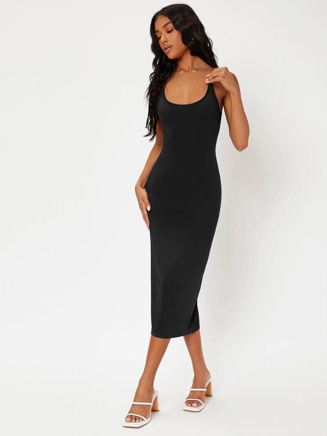 solid black form fitted midi slip dress