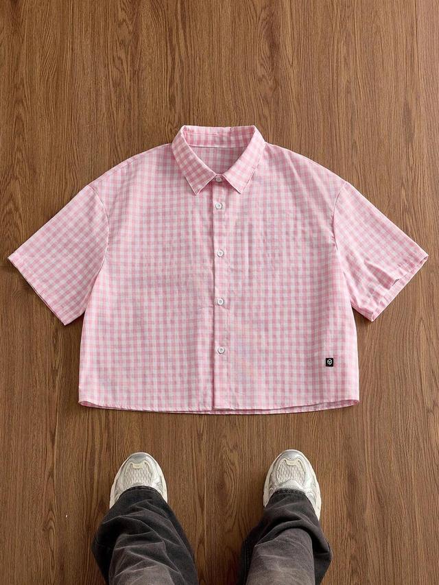 pink and white checkered cropped short sleeve shirt