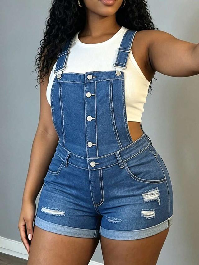 women's stretchy mid-rise distressed denim overall shorts