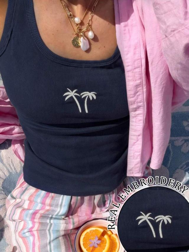 navy ribbed tank with coconut tree embroidery