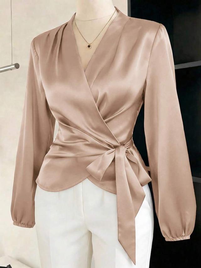 satin v-neck wrap blouse with knotted waist