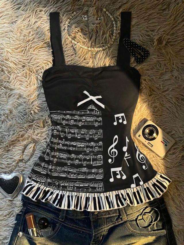 black musical note print slim-fit crop top