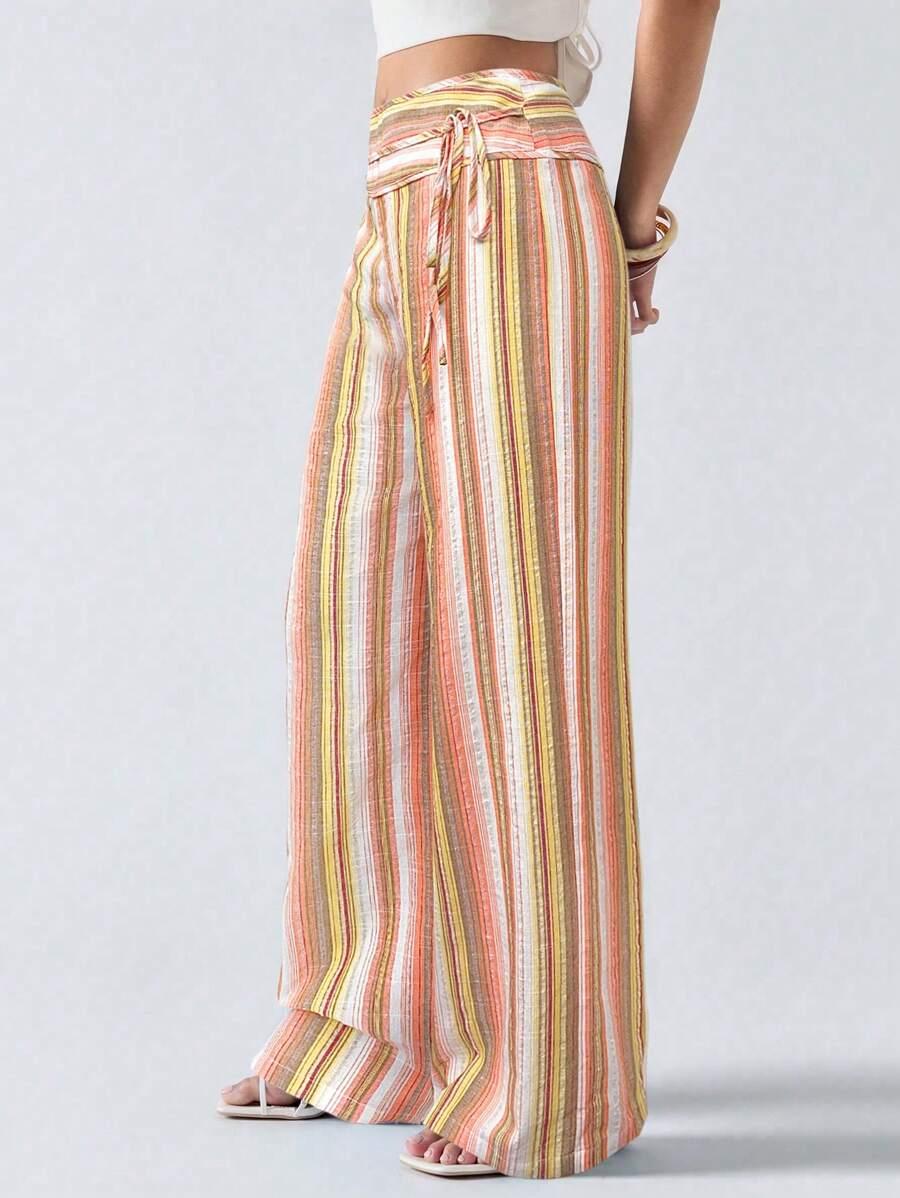 striped tie-up wide leg linen blend trousers