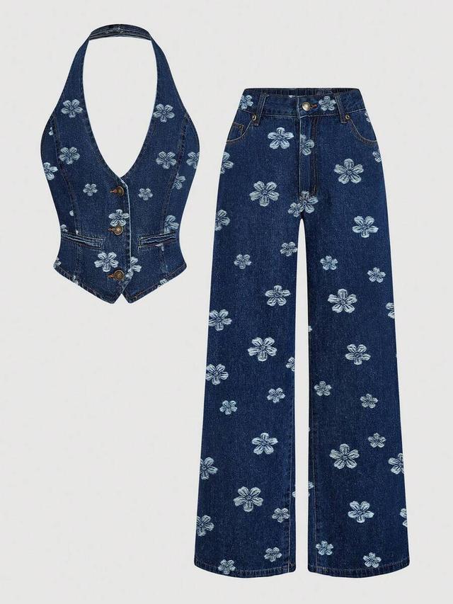 floral print denim halter vest and wide leg trousers