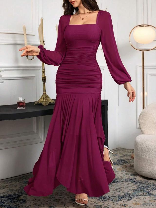 elegant square collar lantern sleeve ruffle hem fitted dress