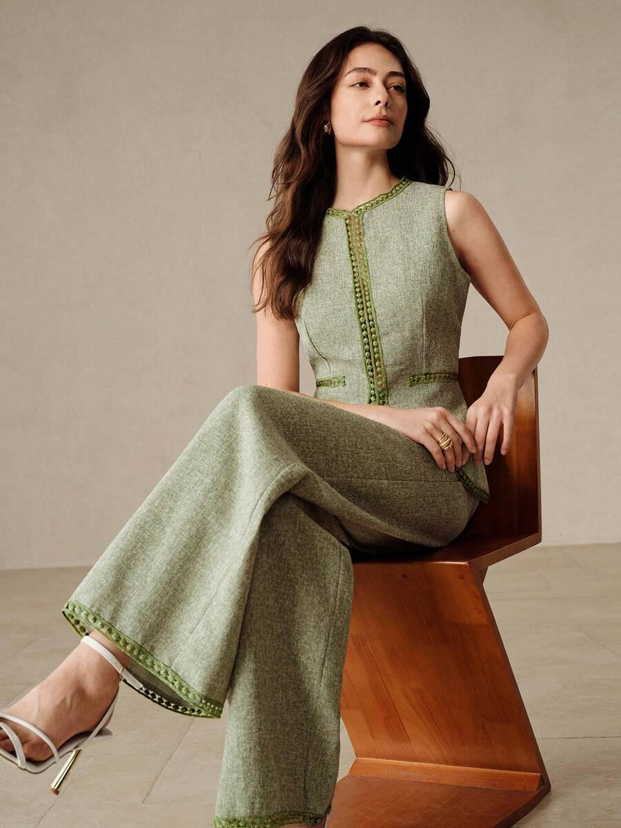 sage green tweed vest top and wide-leg pants