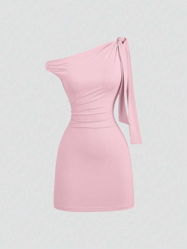 pink oblique shoulder flounce bodycon mini dress