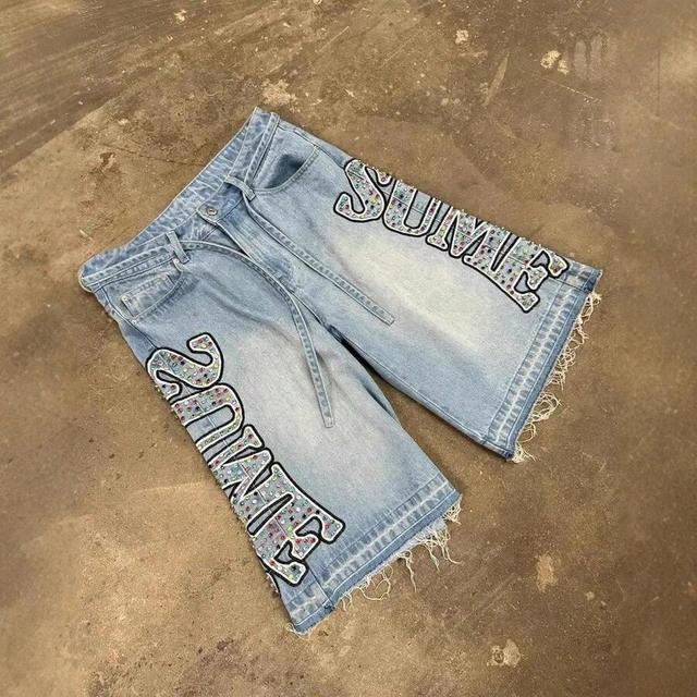 street-style washed loose denim shorts with embellishments