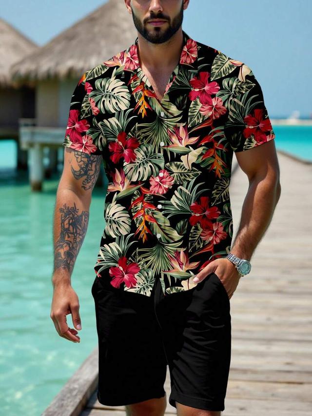 men's black tropical floral print short sleeve shirt
