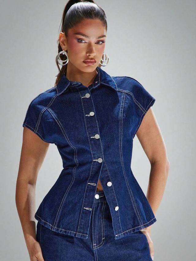 dark wash denim peplum button down shirt