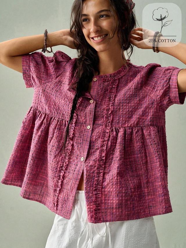 women's round neck ruched frill trim puff sleeve plaid shirt