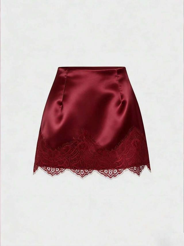 elegant burgundy satin mini skirt with lace trim