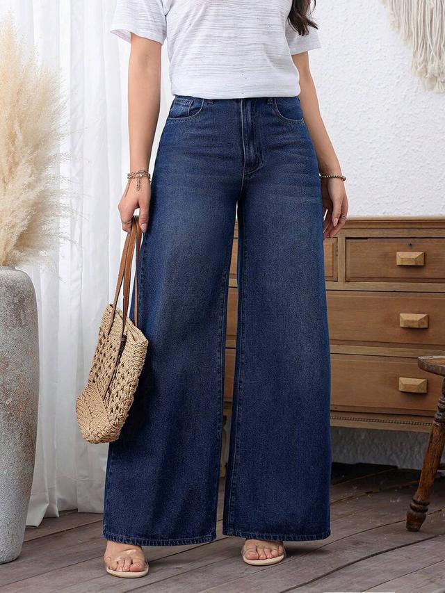 solid color dark wash wide leg denim jeans