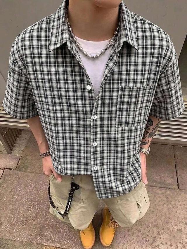 men's short sleeve black and white checkered shirt