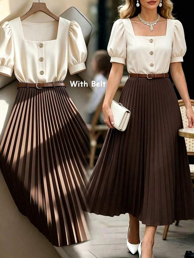 apricot puff sleeve blouse and caramel pleated maxi skirt