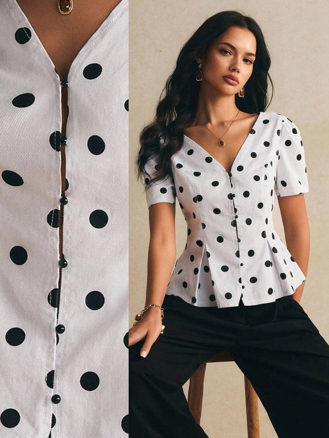 white and black polka dot v-neck button-down top