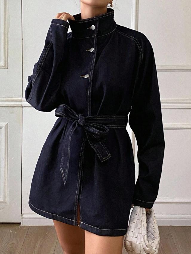 dazy women's dark denim stand collar belted jacket