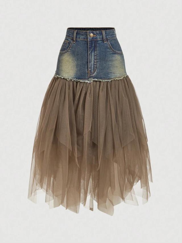 denim and tulle layered midi skirt