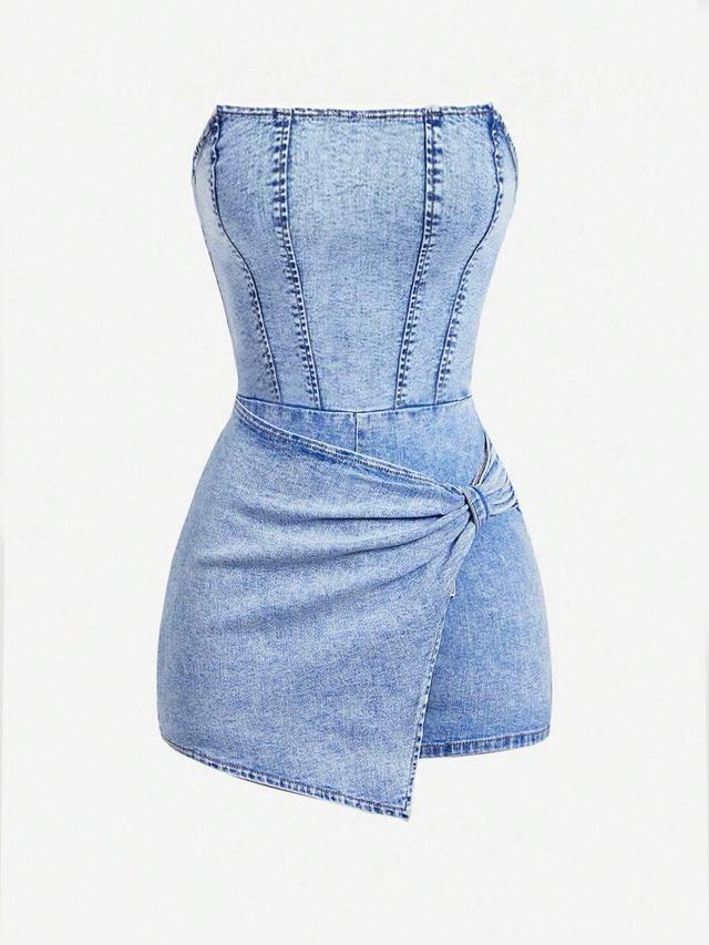 light wash denim corset style romper with wrap skirt detail