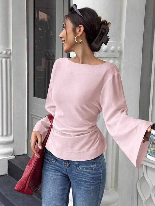 baby pink boat neck flare sleeve pleated blouse