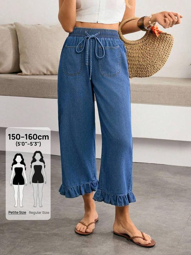 blue denim drawstring waist ruffle hem cropped jeans